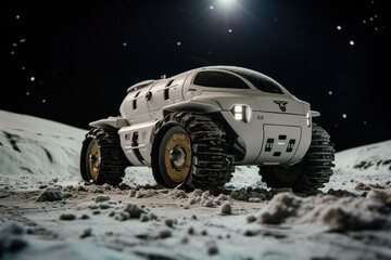 Fototapeta na wymiar A concept of a futuristic lunar rover vehicle. Showcasing it on the surface of the Moon. Created with Generative AI technology