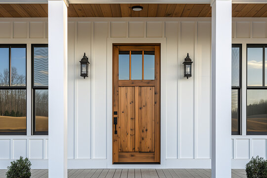 Close up of a wooden front door on a modern farmhouse with white board and batten siding and covered front porch.