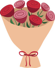 Vector bouquet of roses in paper packaging in flat style.