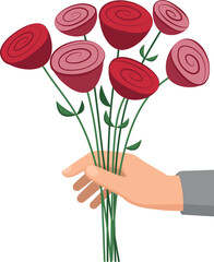 Vector bouquet of roses is held by a man's hand in a flat style.