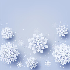 Winter illustration, paper cut style, paper snowflakes, vector.