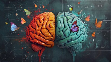 Right and left human brain concept. Part creative and part logic generative ai - obrazy, fototapety, plakaty