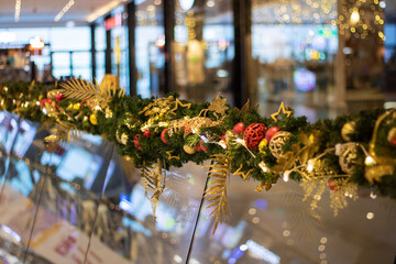 New Year's decorations on green spruce branches