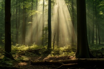 Mystic forest scene with rays of sunlight piercing through the trees