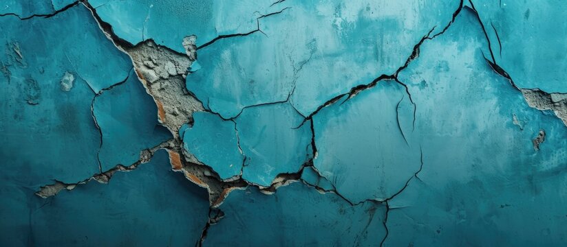 Cracked apartment wall from earthquake on blue background with space. © 2rogan