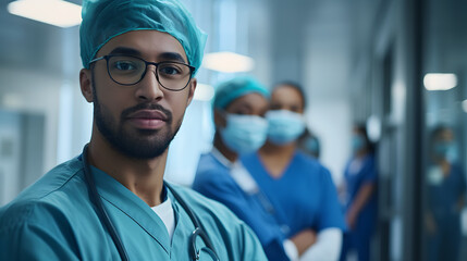 A male doctor wearing glasses stands in front of a group of doctors wearing scrubs and masks. They are standing in a hospital hallway.