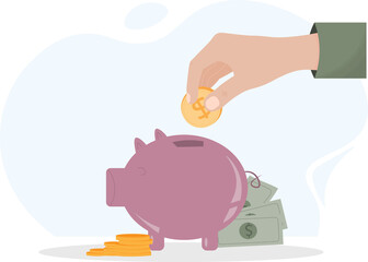 Person putting money, coins in a piggy bank, saving money concept, planning finances