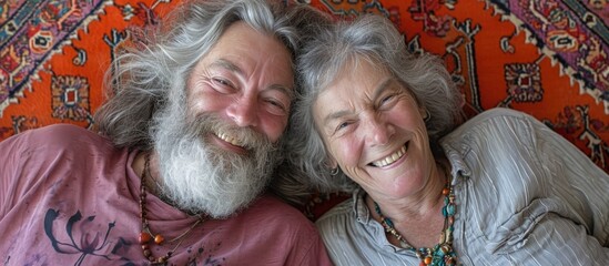 Happy pair with carpet, horizontally framed, smiles at camera.