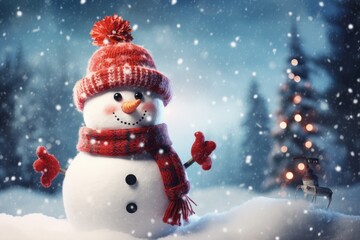 Fototapeta premium Playful snowflakes and a cheerful snowman on a snowy background.