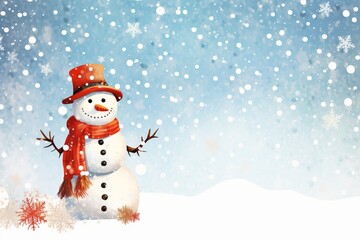 Fototapeta premium Playful snowflakes and a cheerful snowman on a snowy background