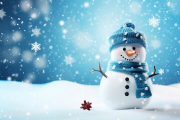 Fototapeta premium Playful snowman and snowflakes on a wintry blue background