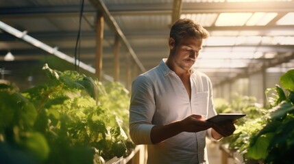 Thinking farmer with digital tablet checking sustainable farming growth, progress or preparing farm export order on tech, agricultural, working, technology, nature