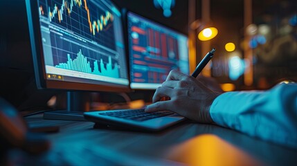 financial analyst analyzing market data on a computer. generative ai - obrazy, fototapety, plakaty
