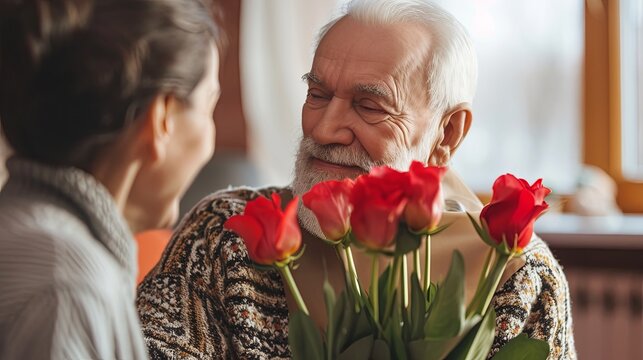 Senior man surprises wife with flowers, celebrating valentines day generative ai