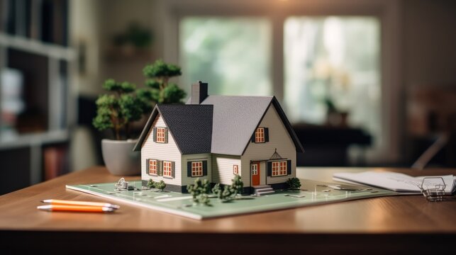 A concept hollo 3d render model of a small living house on a table in a real estate agency. signing mortgage contract document and demonstrating. futuristic business