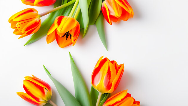 bouquet of orange tulips on white. Spring flowers. March 8