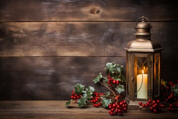 Rustic wooden background with holly berries and a vintage lantern