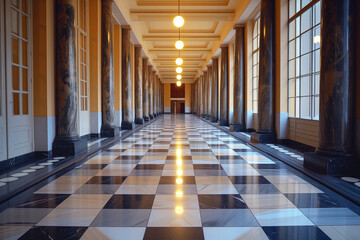 Long vanishing point hallway hallway with columns and windows -Generative AI