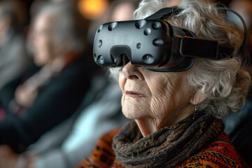 An elderly woman wearing virtual reality glasses at home