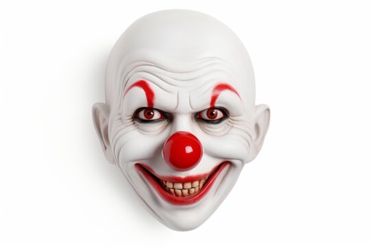 Scary clown mask with red nose isolated on white for your Halloween designs.