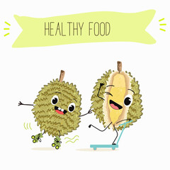Cute  cartoon durian characters with different activities. Flat vector illustration, funny fruits. Organic food.