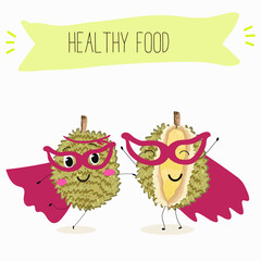 Cute  cartoon durian characters with different activities. Flat vector illustration, funny fruits. Organic food.