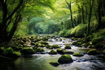 Serene forest stream winding through a lush and vibrant setting