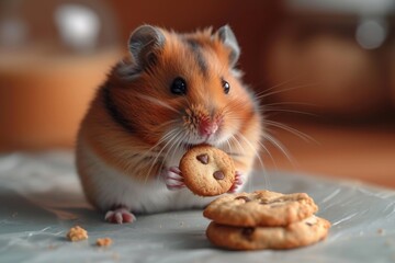 Hungry pet hamster eats cookies indoors
