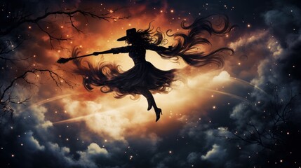 Spooky silhouette of a witch flying on a broomstick against a starry night sky, with a full moon and swirling clouds, embodying the magic and folklore of Halloween - obrazy, fototapety, plakaty