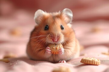 Hungry pet hamster eats cookies indoors