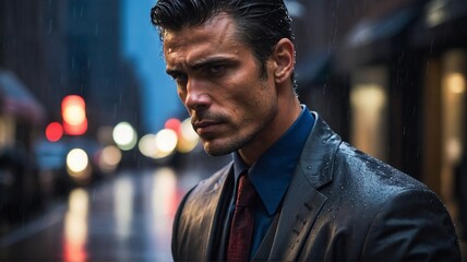 Businessman standing in rain, portrait, close-up