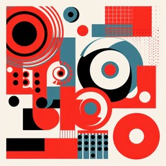 A Red poster featuring various abstract design elements, in the style of pop art