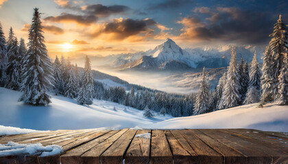 Empty wooden table top with blurred winter background. Bright and lively image.