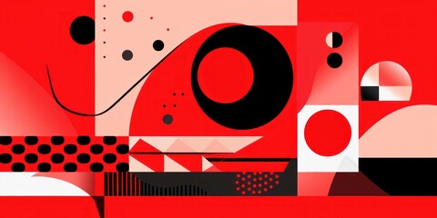 A Red poster featuring various abstract design elements, in the style of pop art