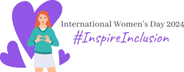 Inspire inclusion campaign pose. International Women's Day 2024 theme banner. Smiling young woman makes heart symbol with her hands to stop discrimination and stereotypes. Gender equal inclusive world