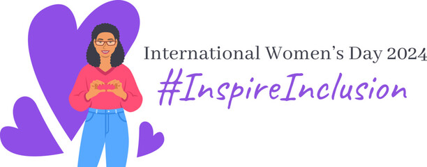Inspire inclusion campaign pose. International Women's Day 2024 theme banner. Smiling black woman makes heart symbol with her hands to stop discrimination and stereotypes. Gender equal inclusive world
