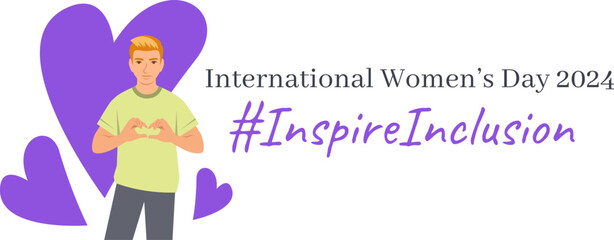 Inspire inclusion campaign pose. International Women's Day 2024 theme banner. Smiling young man makes heart symbol with his hands to stop discrimination and stereotypes. Gender equal inclusive world