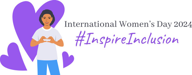 Inspire inclusion campaign pose. International Women's Day 2024 theme banner. Smiling young woman makes heart symbol with her hands to stop discrimination and stereotypes. Gender equal inclusive world