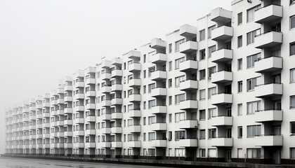 Modern apartment building with glass windows in a row generated by AI