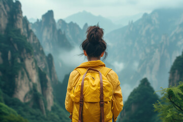 a woman in a yellow backpack looks out at the chinese mountains. Background image. Created with Generative AI technology