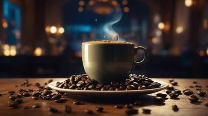 Küchenrückwand glas motiv cup of coffee with beans © Raccoon Stock AI
