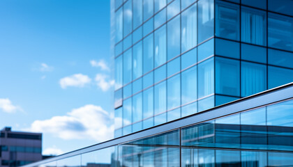 Fototapeta na wymiar Modern glass skyscraper with blue reflection in futuristic cityscape generated by AI