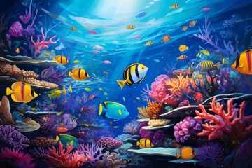 Fototapeta na wymiar Vibrant underwater scene teeming with colorful marine life