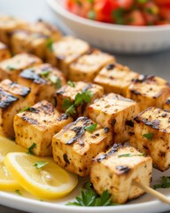 Fototapeta premium Lemon Garlic Tofu Skewers with Parsley Sprinkle