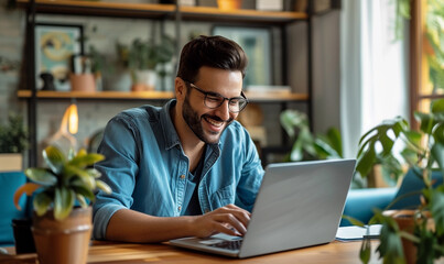 Businessman happily sits in a face-to-face online meeting via an online program on a laptop in his home office.
