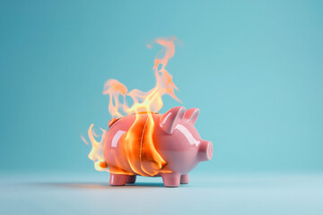 Burning piggy bank. Financial crisis and inflation, lost savings, funds and assets, unavailable money. Burnt deposit. The concept of bankruptcy, capital outflow restrictions, deposit risk, sanctions. - obrazy, fototapety, plakaty