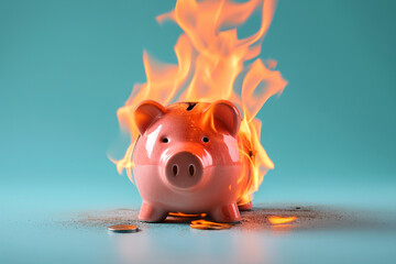 Burning piggy bank. Financial crisis and inflation, lost savings, funds and assets, unavailable money. Burnt deposit. The concept of bankruptcy, capital outflow restrictions, deposit risk, sanctions.