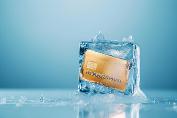 Credit card frozen in ice cube. Frozen bank account. Frozen funds and assets, unavailable money. The concept of bankruptcy and capital freezing, capital outflow restrictions, deposit risk, sanctions. - obrazy, fototapety, plakaty