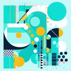 A Turquoise poster featuring various abstract design elements, in the style of pop art