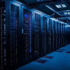  Modern Data Technology Center Server Racks in Dark Room with VFX. Visualization Concept of Internet of Things, Data Flow, Digitalization of Internet Traffic.